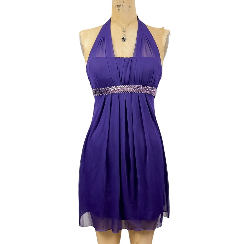 90s Mesh Jewel Purple Halter Mini Dress Sequin Empire Waist Formal Prom Party